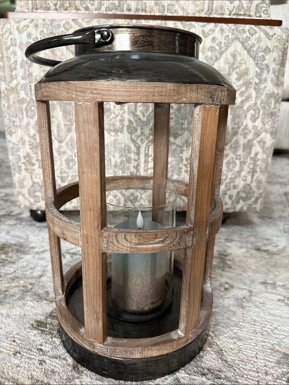Kirklands Round Metal & Wood Glass Globe Farmhouse Candle Lantern